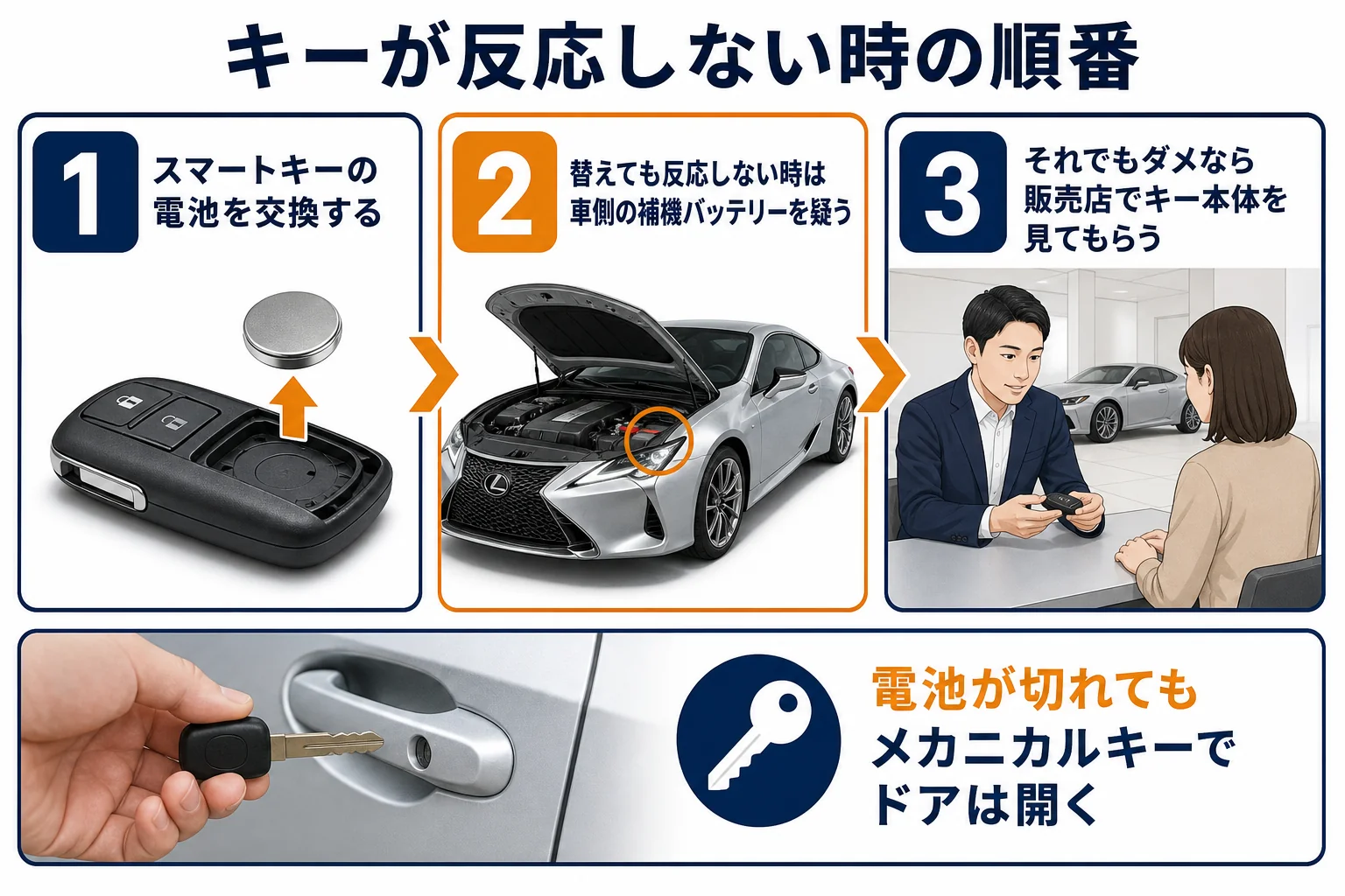 スマートキーが反応しない時の原因と対処の順番を示した図解