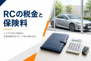 机の上の車検証と電卓、窓の外のレクサスRC